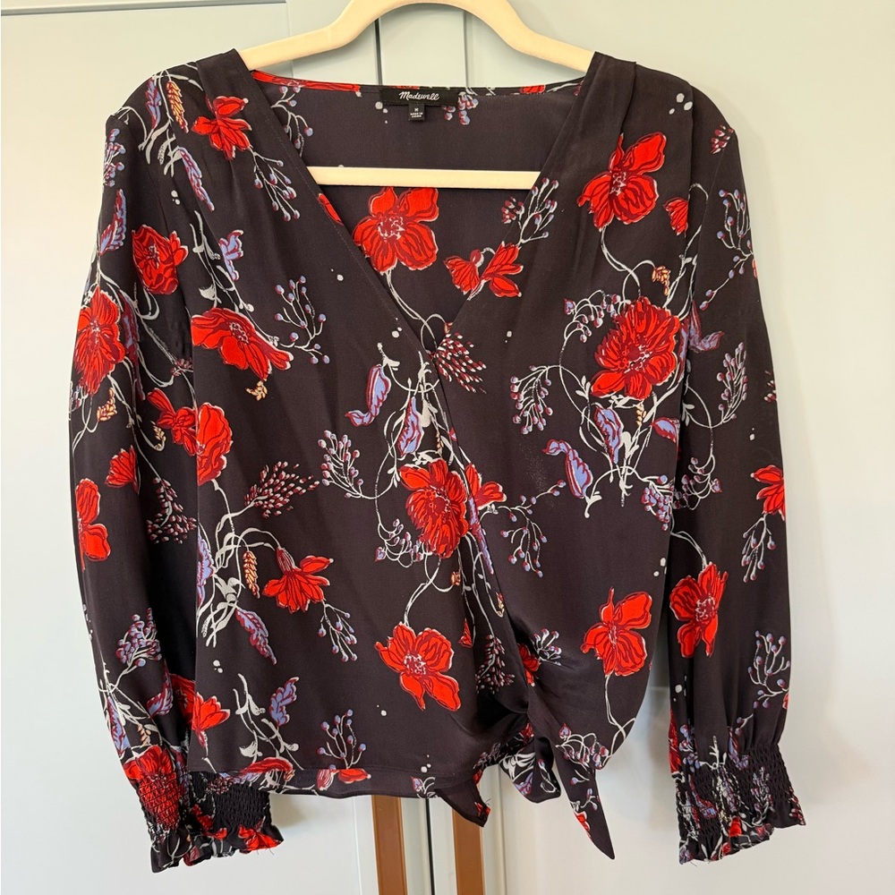 Madewell Black and Red Floral Wrap Blouse